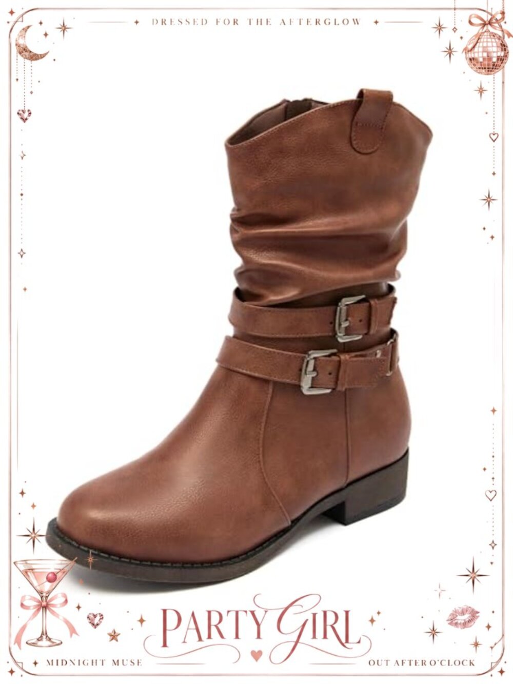 Women's Mid-Calf Boots Faux Leather Round Toe Low Heel Zipper Booties